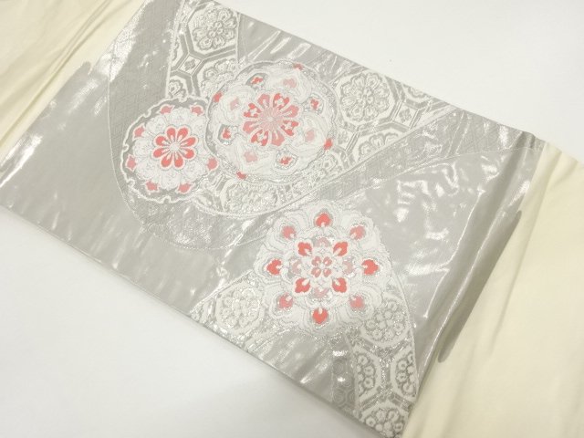 JAPANESE KIMONO / NAGOYA OBI / PLATINUM / WOVEN FLORAL CREST